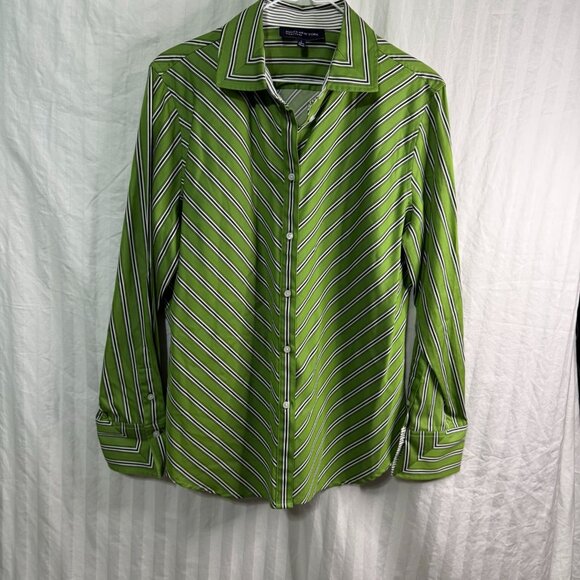 Jones New York Signature Long Sleeve Top, Green, Black & White, Size L - Picture 1 of 10